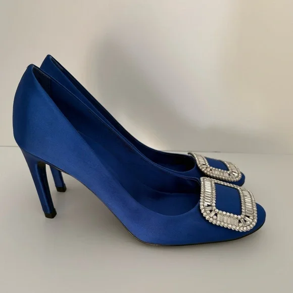 Roger Vivier High Heeled Blue Satin Pumps with Crystal Buckle Size 38 (7.5) - Picture 1 of 12